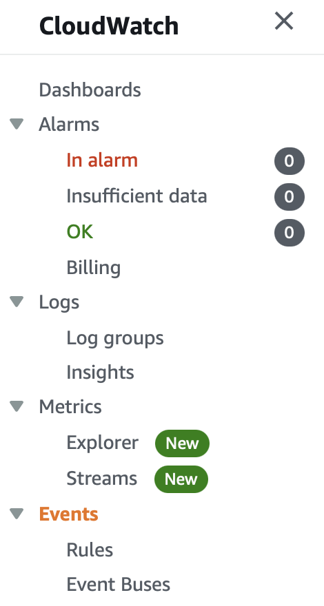 在AWS 主版面中打入CloudWatch，然後到 Events